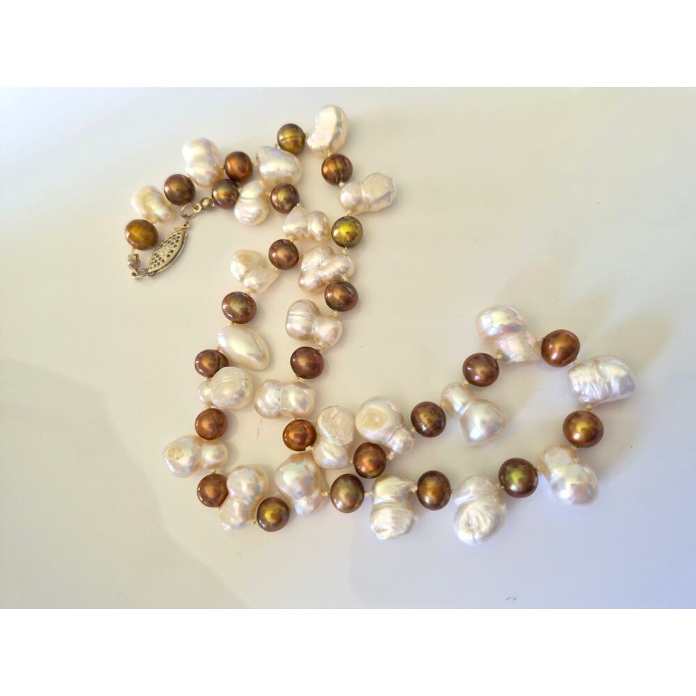 Vintage Baroque White and Bronze Colored Natural Pearl Necklace